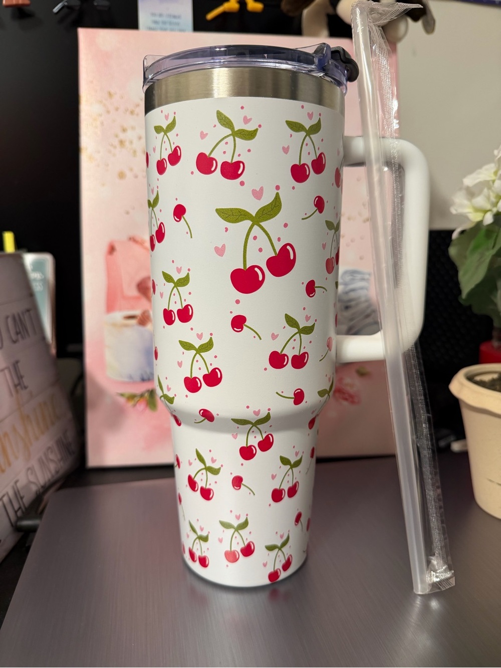 Insulated Cherry-Print Travel Tumbler - White